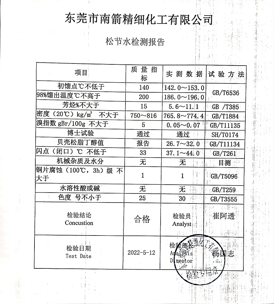 松節(jié)水質(zhì)量檢測報(bào)告