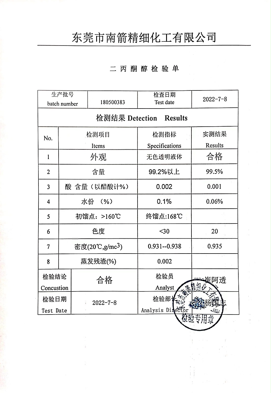 二丙酮醇DAA質(zhì)量檢測報告